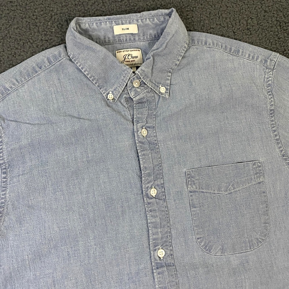 J Crew Shirt Mens Medium Slim Fit Blue Chambray Short Sleeve Button Down Denim